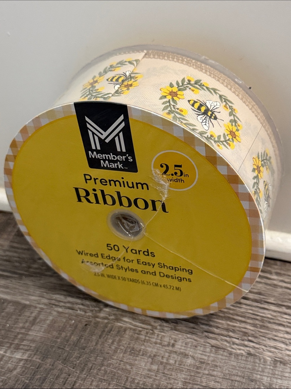 Sealed Yellow Bee Floral Wired Ribbon - 2.5in
